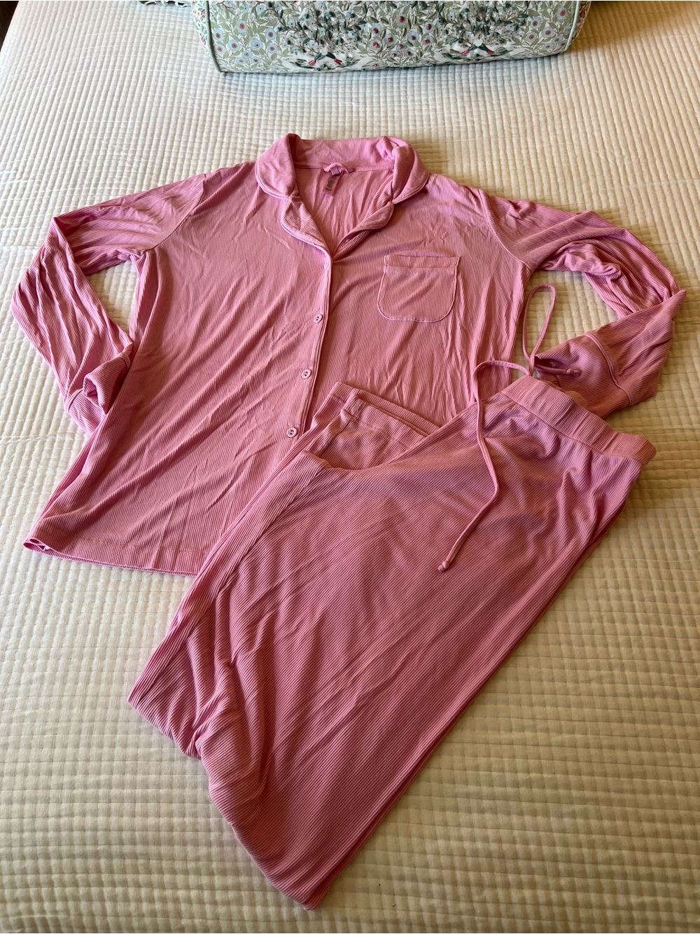 SKIMS Pink Ribbed Long-Sleeve Button Pajama Set